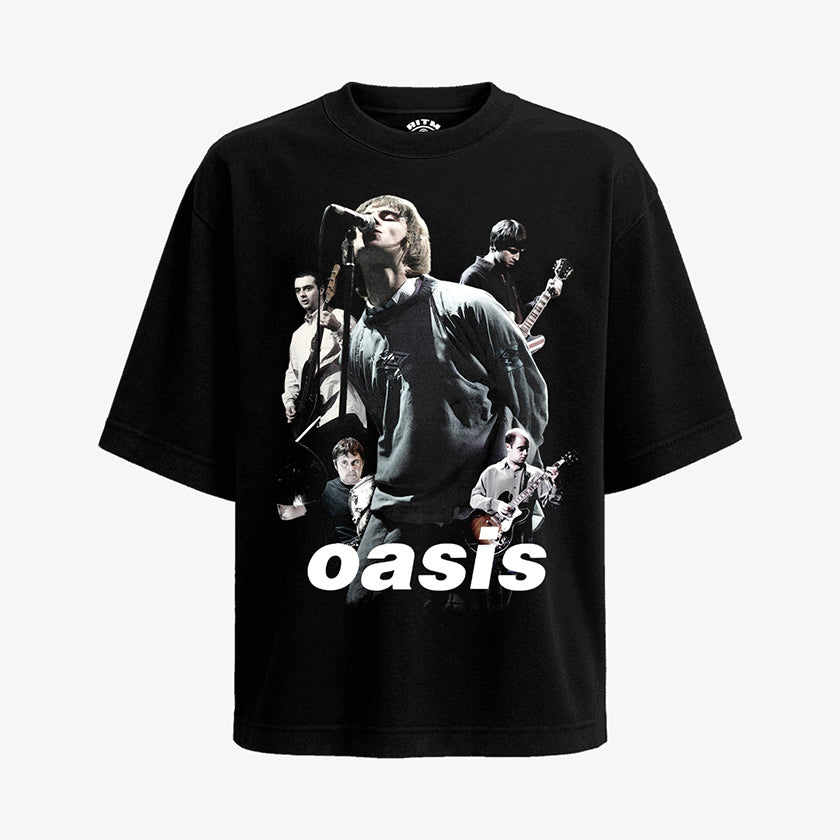 Polera negra Oversized Oasis logo clásico britpop 90s Gallagher brothers efecto vintage Ritmoculto