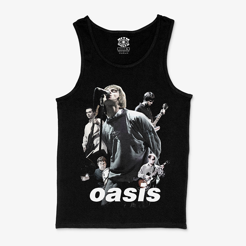 Polera negra Tank Sin Mangas Oasis logo clásico britpop 90s Gallagher brothers efecto vintage Ritmoculto