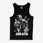 Polera negra Tank Sin Mangas Oasis logo clásico britpop 90s Gallagher brothers efecto vintage Ritmoculto