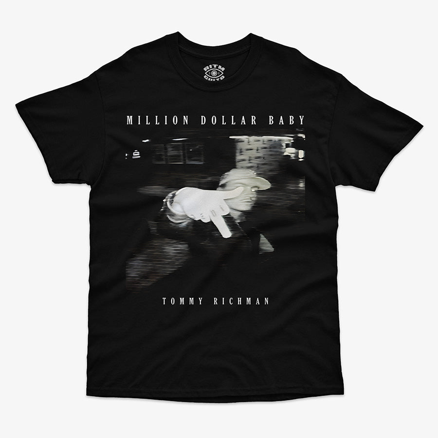 Polera negra Tommy Richman Million Dollar Baby silueta glitch VHS efecto distorsionado Ritmoculto