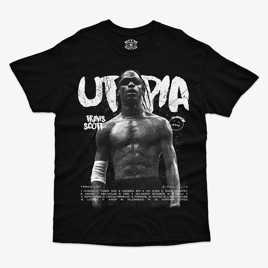  Polera negra Travis Scott Utopia tracklist completo pose estatua griega Cactus Jack Ritmoculto