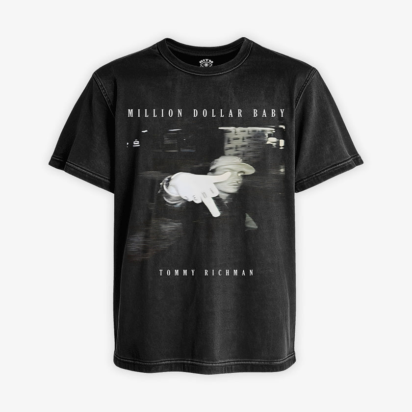 Polera negra acid Tommy Richman Million Dollar Baby silueta glitch VHS efecto distorsionado Ritmoculto