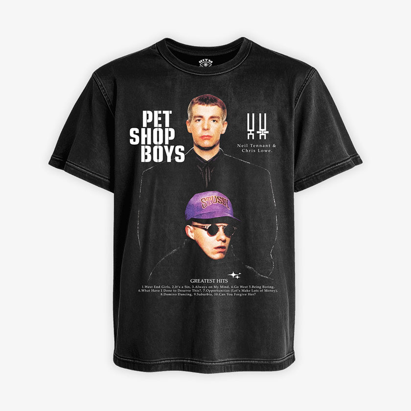 Polera negra acid foto Pet Shop Boys Neil Tennant Chris Lowe gorra morada SMASH texto Greatest Hits synth-pop británico Ritmoculto