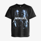 Polera negra acid wash Metallica One videoclip cuatro integrantes tonos azulados logo blanco thrash metal 1988 Ritmoculto