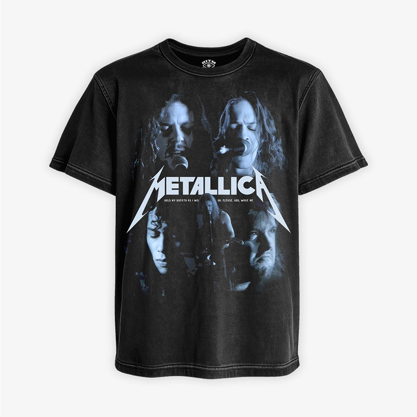 Polera negra acid wash Metallica One videoclip cuatro integrantes tonos azulados logo blanco thrash metal 1988 Ritmoculto