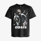 Polera negra acid wash Oasis logo clásico britpop 90s Gallagher brothers efecto vintage Ritmoculto
