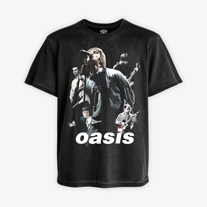 Polera negra acid wash Oasis logo clásico britpop 90s Gallagher brothers efecto vintage Ritmoculto