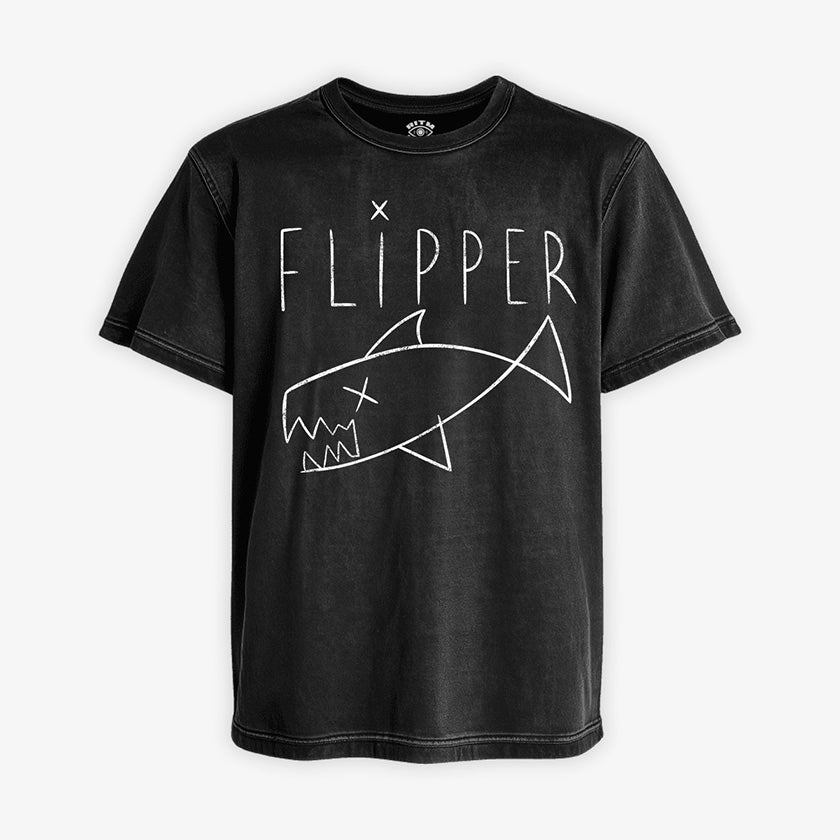 Polera negra acid wash tiburón muerto Flipper Kurt Cobain efecto vintage desgastado grunge SNL Ritmoculto