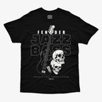Polera negra con diseno central de un bajo Fender Jazz Bass, dos craneos y el texto "Fender Jazz Bass" y "Forging a Legacy Through 4 Strings"