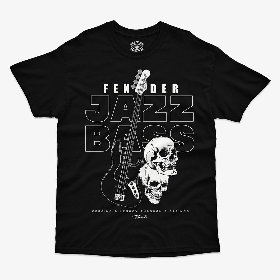 Polera negra con diseno central de un bajo Fender Jazz Bass, dos craneos y el texto "Fender Jazz Bass" y "Forging a Legacy Through 4 Strings"