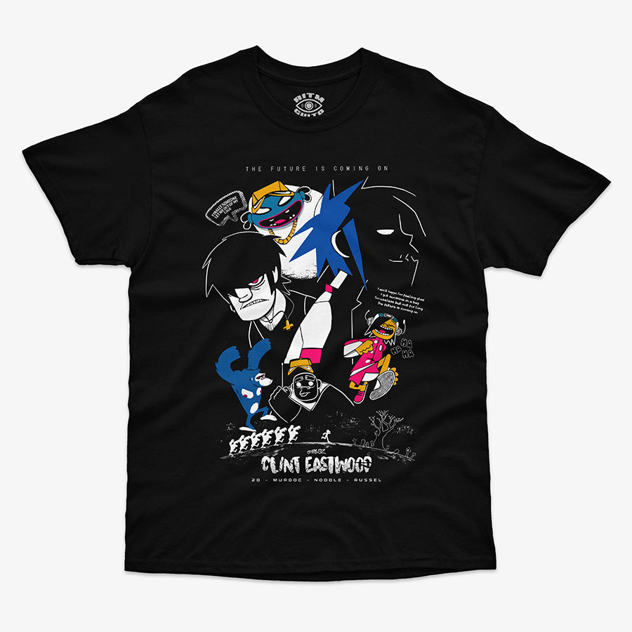 Polera negra con diseño central del grupo Gorillaz y el título "Clint Eastwood", incluyendo a los personajes 2D, Murdoc, Noodle y Russel, en un estilo gráfico