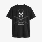 Polera negra con efecto Acid Wash (deslavado acido). Diseno pequeno de craneo y baquetas al frente. Diseno grande "Rhythm Reaper" en la espalda 2
