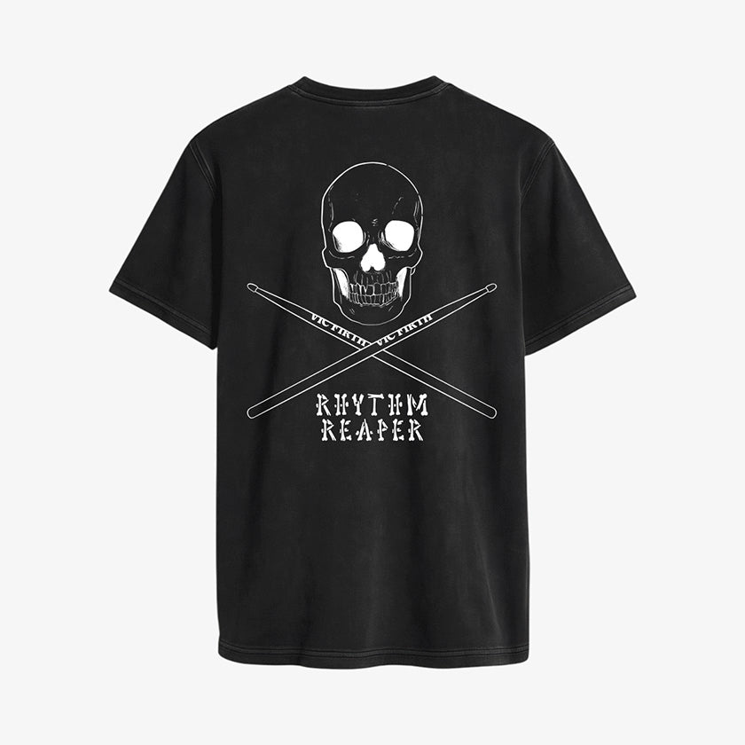 Polera negra con efecto Acid Wash (deslavado acido). Diseno pequeno de craneo y baquetas al frente. Diseno grande "Rhythm Reaper" en la espalda 2
