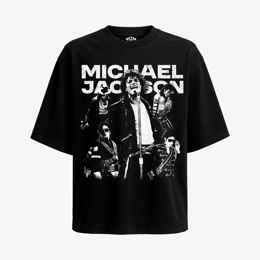 Polera negra oversize con diseno de Michael Jackson Icons Muestra un collage en blanco y negro con una gran foto central de Michael cantando en el escenario y cuatro imagenes mas pequenas de el con diferentes vestuarios iconicos