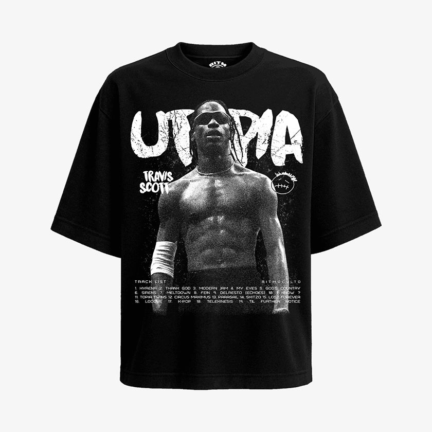  Polera negra oversized Travis Scott Utopia tracklist completo pose estatua griega Cactus Jack Ritmoculto