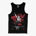Polera negra tank Angus Young AC/DC Highway to Hell tocando Gibson SG mano en alto diseño vintage Ritmoculto