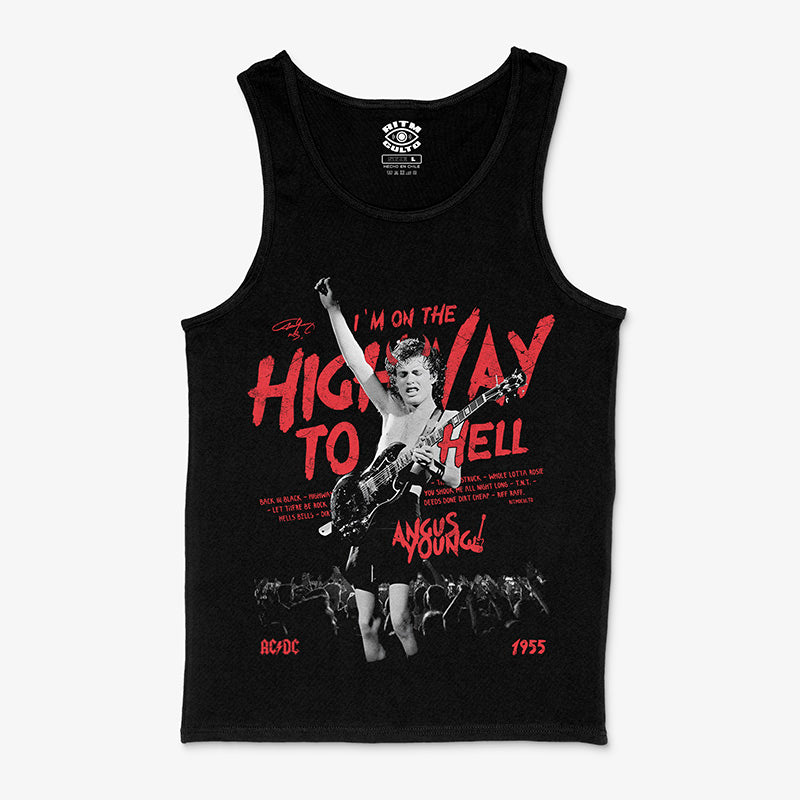 Polera negra tank Angus Young AC/DC Highway to Hell tocando Gibson SG mano en alto diseño vintage Ritmoculto