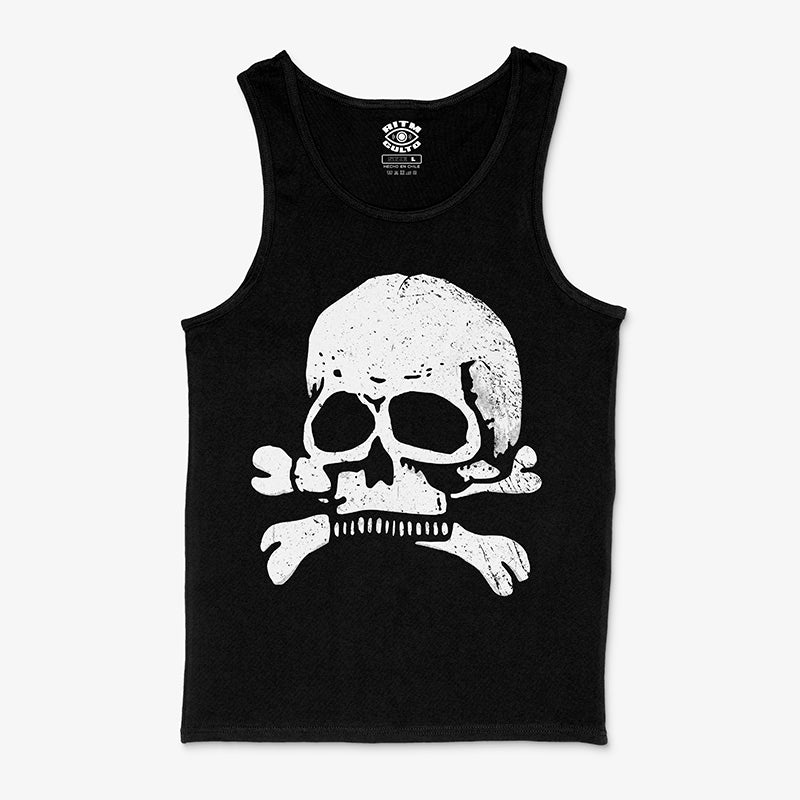  Polera negra tank calavera blanca vintage huesos cruzados James Hetfield Metallica efecto desgastado Ritmoculto