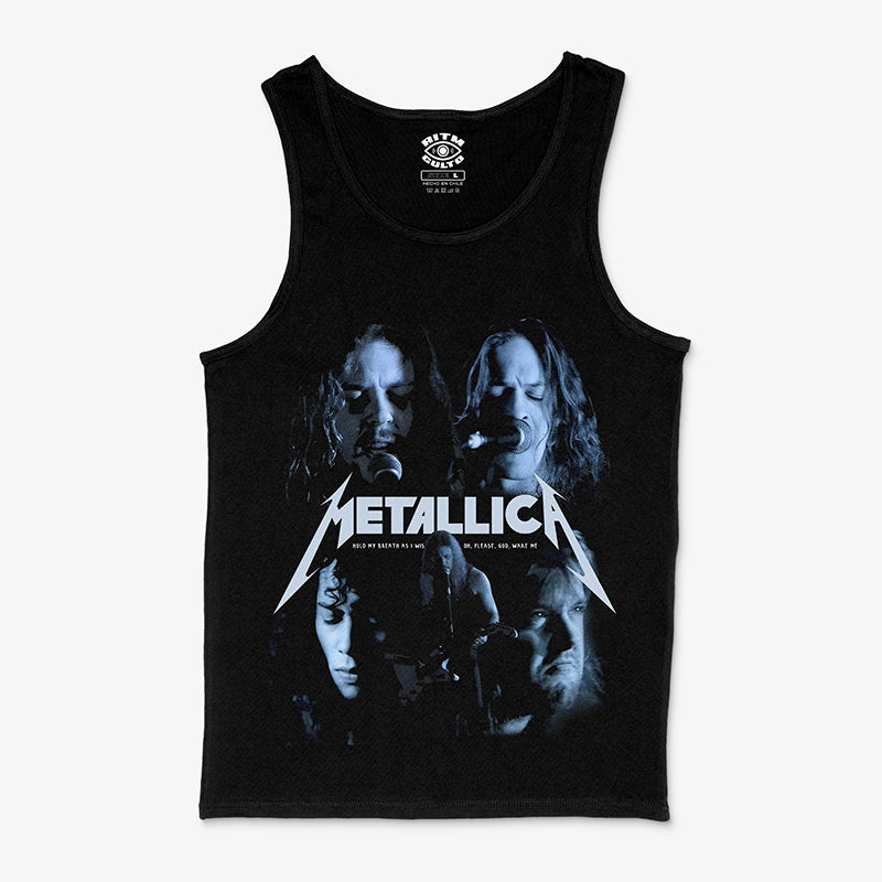 Polera negra tank sin mangas Metallica One videoclip cuatro integrantes tonos azulados logo blanco thrash metal 1988 Ritmoculto
