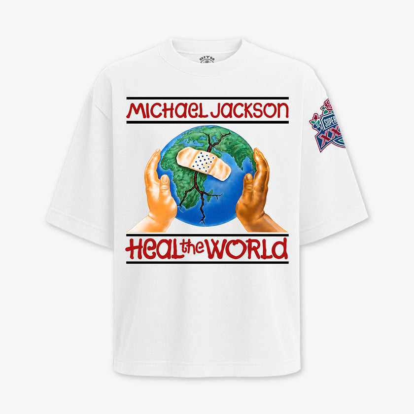 Polera oversize blanca heal the world michael jackson con logo super bowl 1993