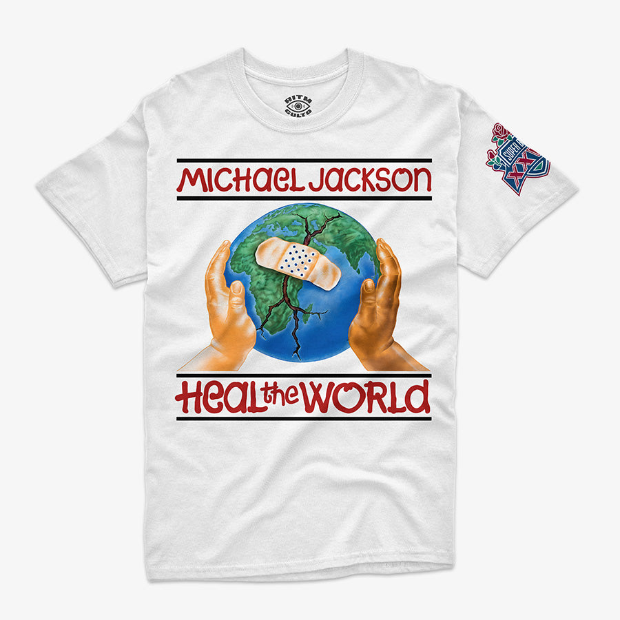 Polera regular fit blanca heal the world michael jackson con logo super bowl 1993