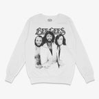 Poleron Blanco Bee Gees Exclusivo Ritmoculto que muestra una foto de los hermanos Gibb y el logo de la banda