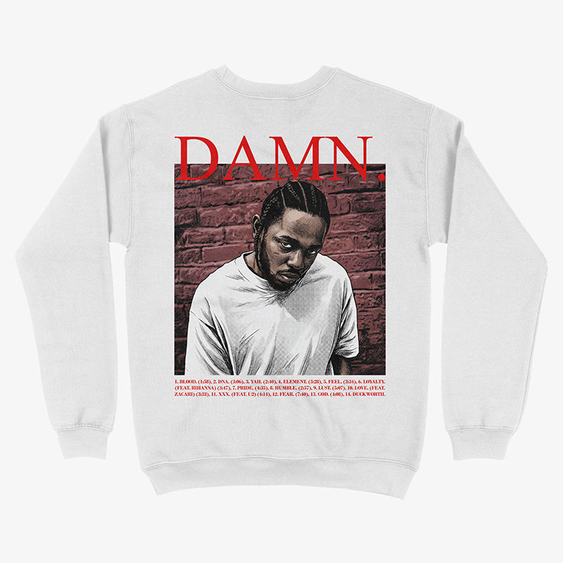 Poleron Blanco Espalda Damn Kendrick Lamar Inspirado en la portada del disco en version Comic con el tracklist del album exclusivo Ritmoculto