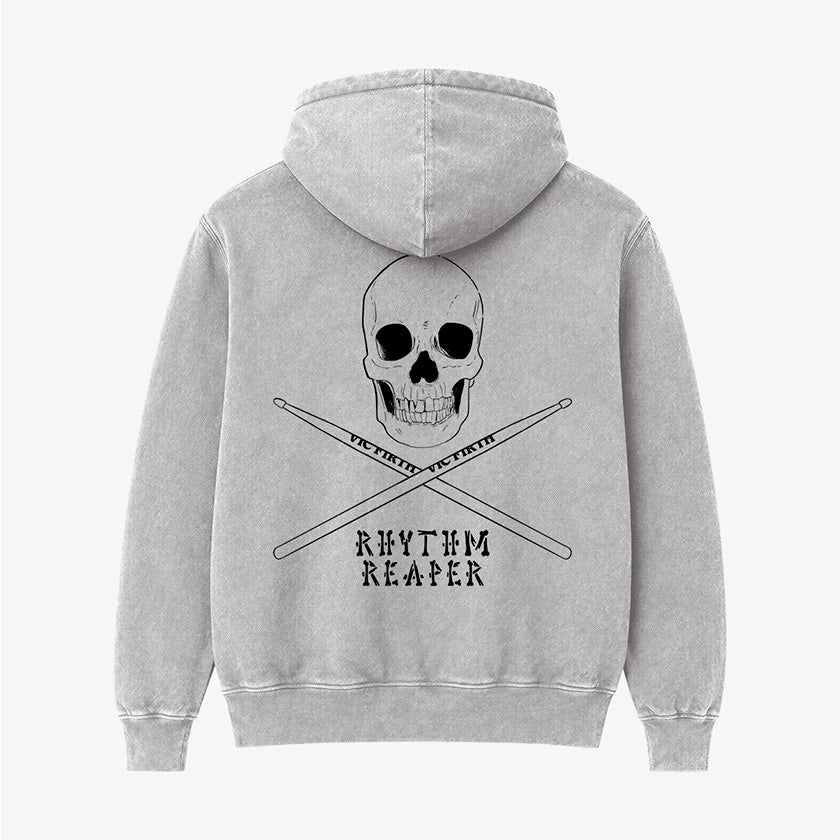 Poleron Hoodie Acid Wash Gris Espalda Rhythm Reaper para Bateristas Exclusivo Ritmoculto