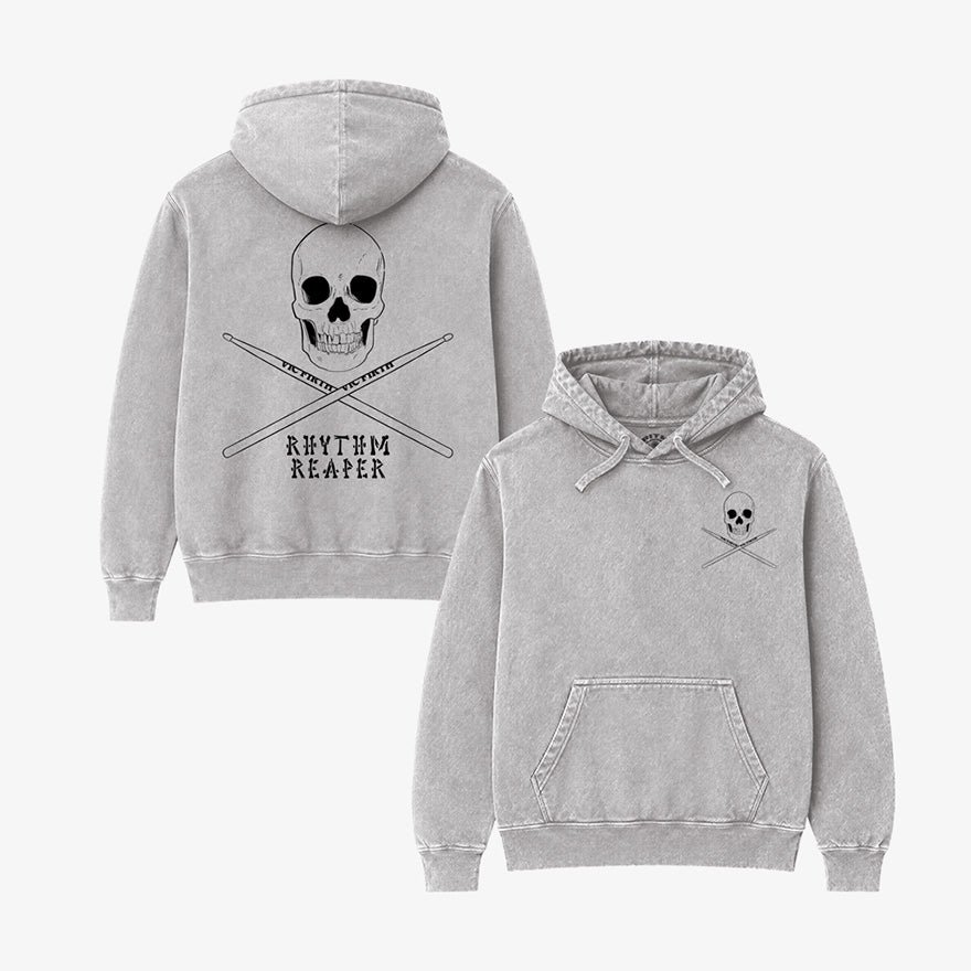 Poleron Hoodie Acid Wash Gris Espalda y Frente Rhythm Reaper para Bateristas Exclusivo Ritmoculto