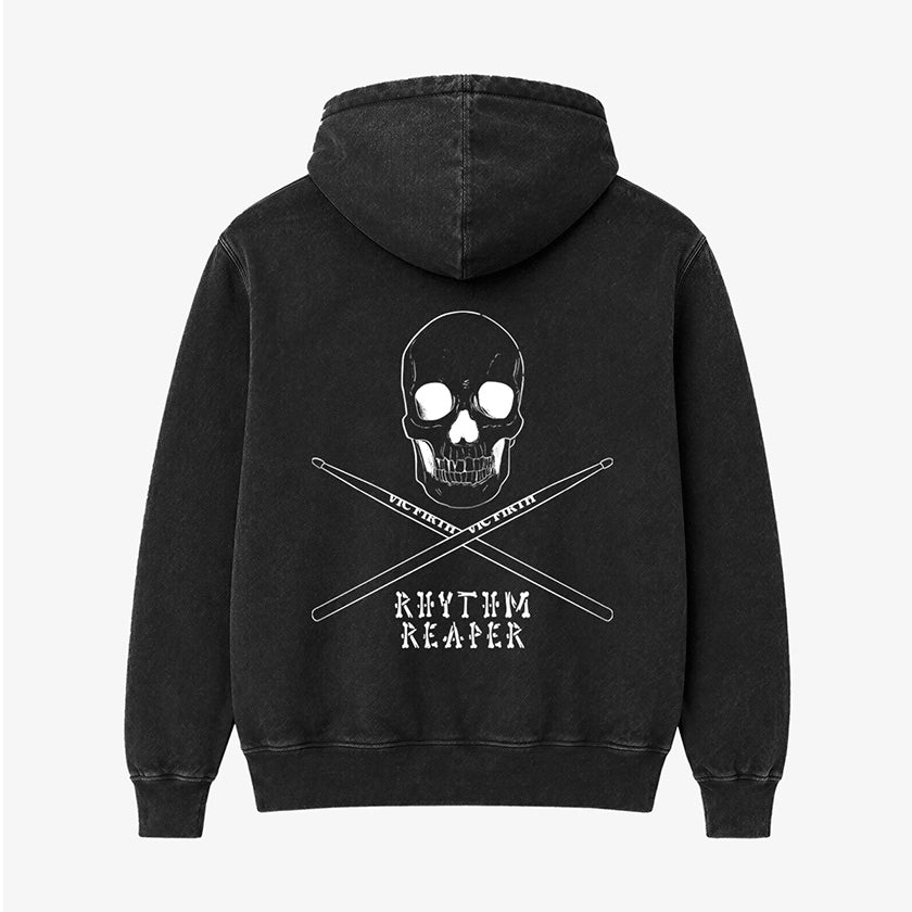 Poleron Hoodie Acid Wash Negro Espalda Rhythm Reaper para Bateristas Exclusivo Ritmoculto