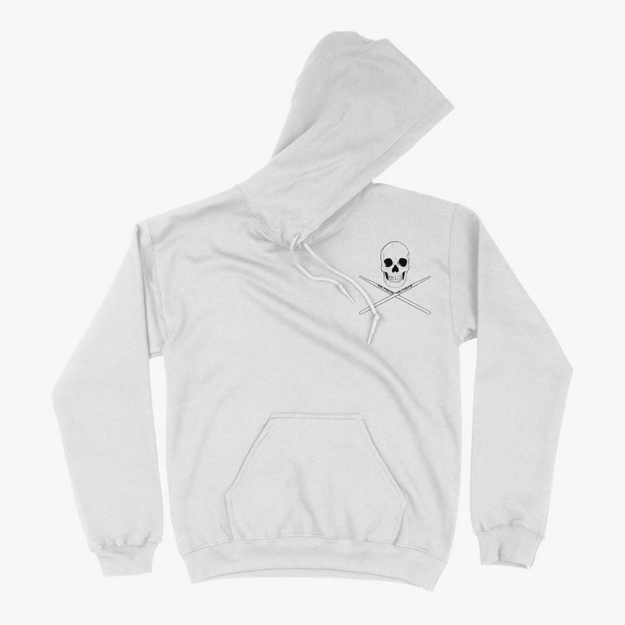 Poleron Hoodie Blanco Rhythm Reaper con una calavera mas baquetas, estampado frontal, diseñado para bateristas, e impreso en dtg