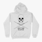 Poleron Hoodie Blanco Rhythm Reaper con una calavera mas baquetas, estampado espalda, diseñado para bateristas, e impreso en dtg