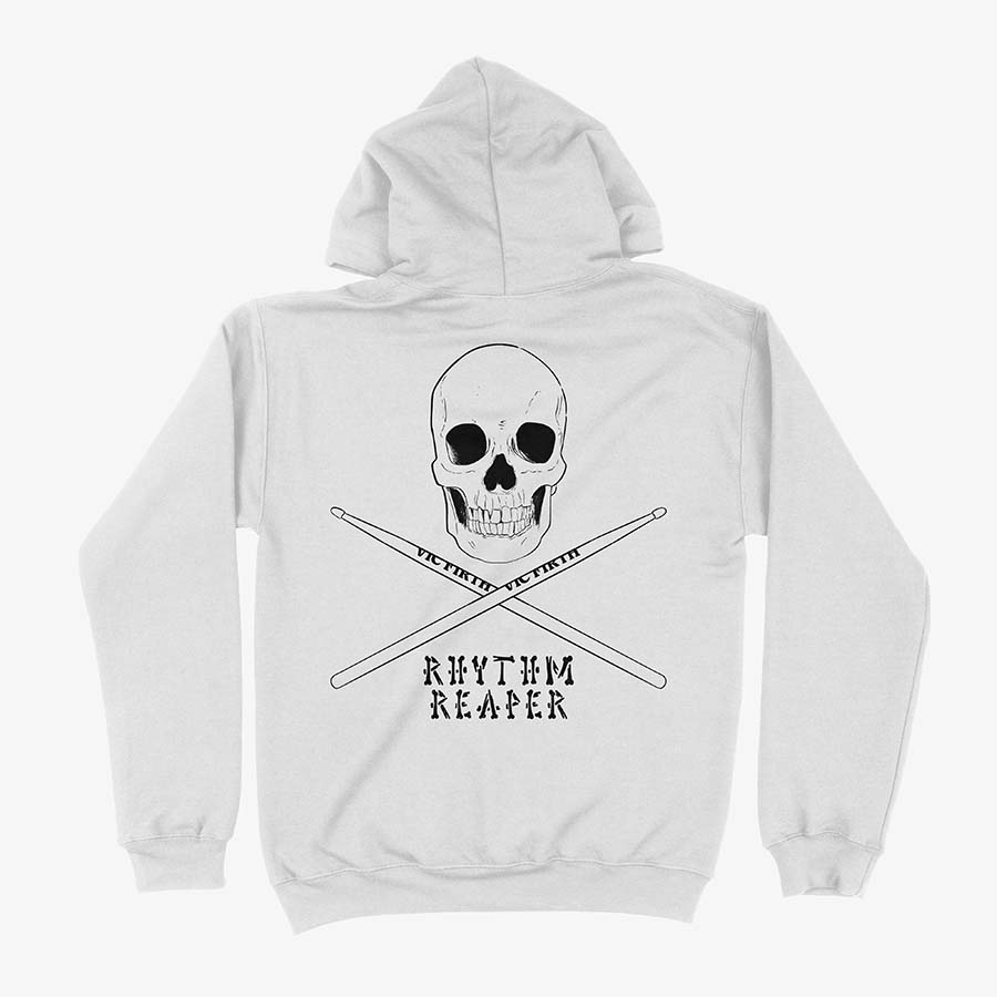 Poleron Hoodie Blanco Rhythm Reaper con una calavera mas baquetas, estampado espalda, diseñado para bateristas, e impreso en dtg