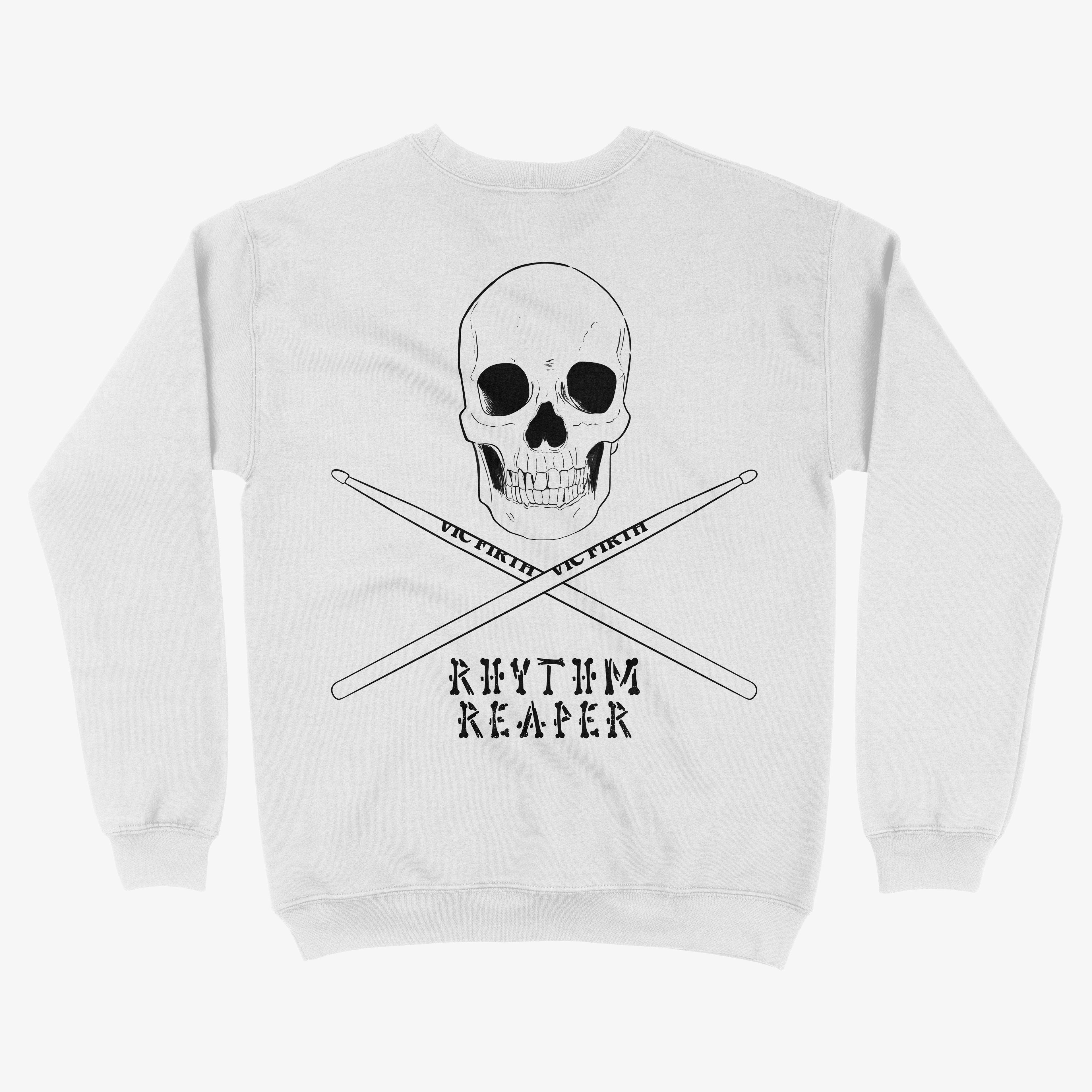 Poleron Polo Blanco Rhythm Reaper con una calavera mas baquetas, estampado espalda, diseñado para bateristas, e impreso en dtg