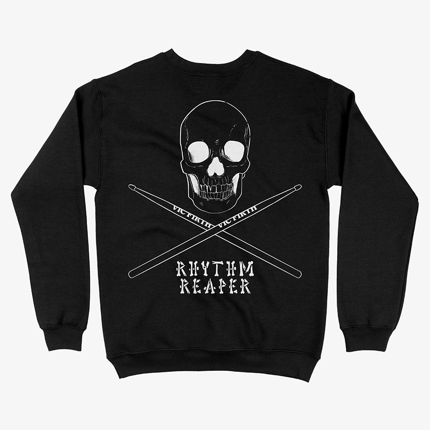 Poleron Polo Negro Rhythm Reaper con una calavera mas baquetas, estampado espalda, diseñado para bateristas, e impreso en dtg