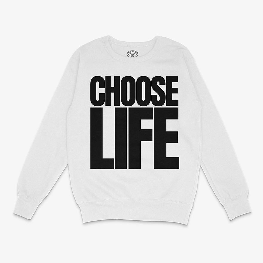 Poleron blanco (Sudadera) con el texto CHOOSE LIFE en letras grandes negras. Diseno iconico tributo a George Michael de Wham!