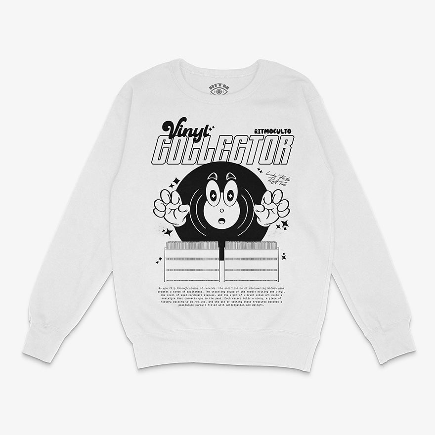 Poleron blanco Vinyl Collector diseno old school cartoon disco de vinilo ojos brazos manos letras Ritmoculto