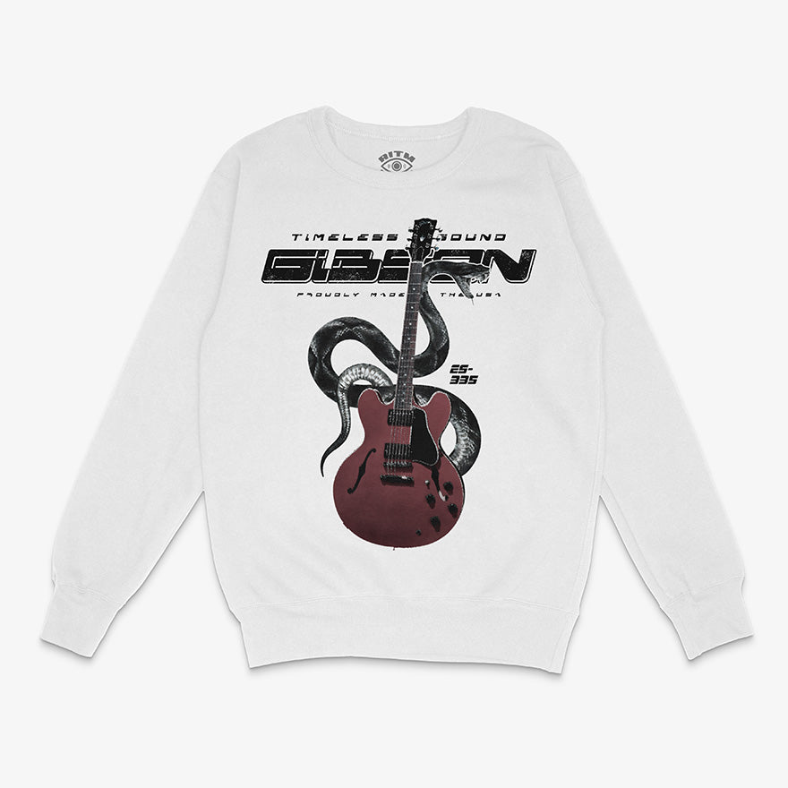 Polerón blanco con diseño de guitarra Gibson ES-335 roja, serpiente negra y frase Sonido Inmortal