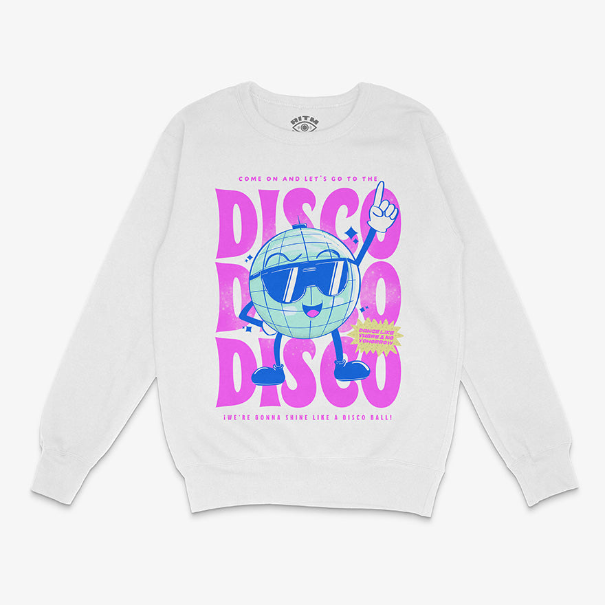 Polerón blanco cuello redondo con diseño de personaje bola disco (Discobolito) en colores neón, texto "Disco Disco Disco" y la frase "We're gonna shine like a disco ball!"