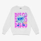 Polerón blanco cuello redondo con diseño de personaje bola disco (Discobolito) en colores neón, texto "Disco Disco Disco" y la frase "We're gonna shine like a disco ball!"