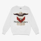  Polerón blanco cuello redondo con diseño frontal de The Stone Roses Love Spreads, angelito en colores amarillo rojo y café, inspirado en artwork original del single de 1994