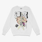 Polerón blanco cuello redondo con el diseño central de una guitarra Gibson Flying V junto a un jaguar rugiendo y texto en kanji