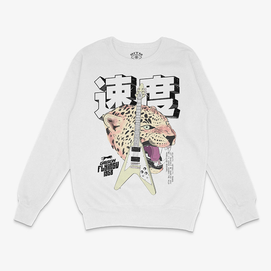 Polerón blanco cuello redondo con el diseño central de una guitarra Gibson Flying V junto a un jaguar rugiendo y texto en kanji