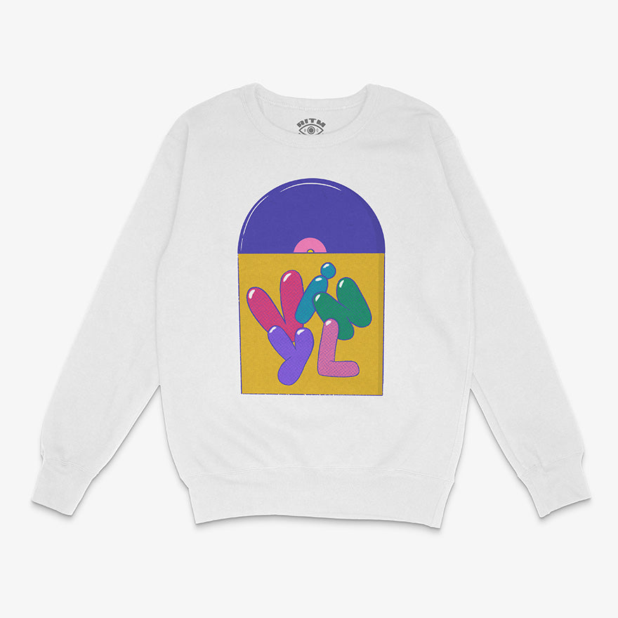 Polerón blanco diseño VINYL estilo retro pop art con letras infladas de colores y disco de vinilo en portada