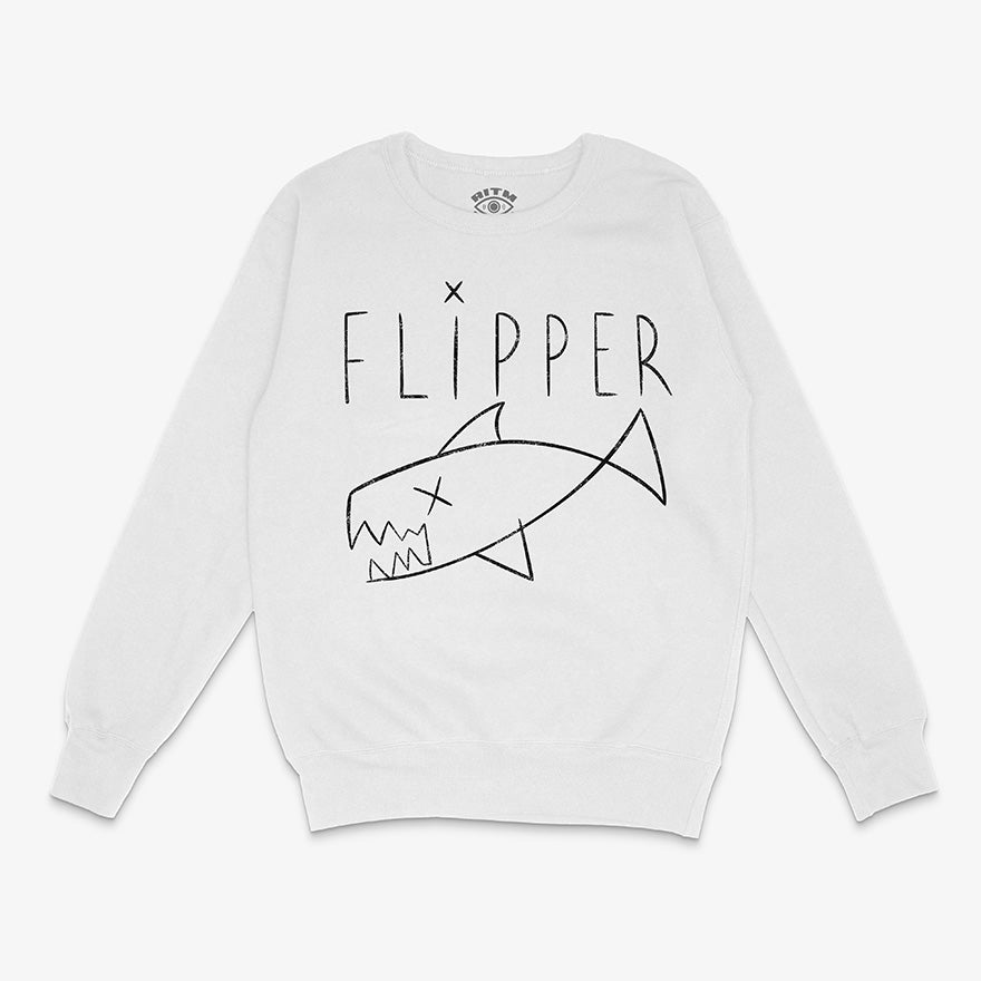 Polerón blanco oversized cuello redondo tiburón muerto Flipper Kurt Cobain logo grunge SNL Ritmoculto