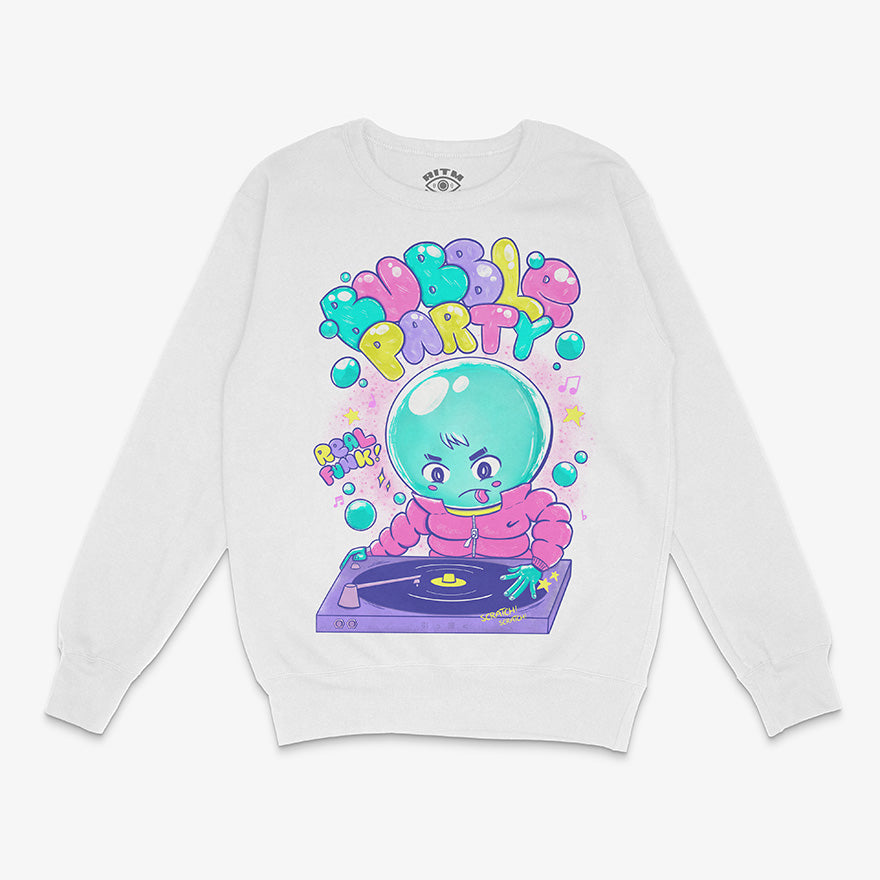 Polerón de cuello redondo blanco con diseño central "Bubble Party" de un personaje estilo DJ con cabeza de burbuja, chaqueta rosada y guantes, manipulando un tornamesa morado, con efectos de burbujas y notas musicales