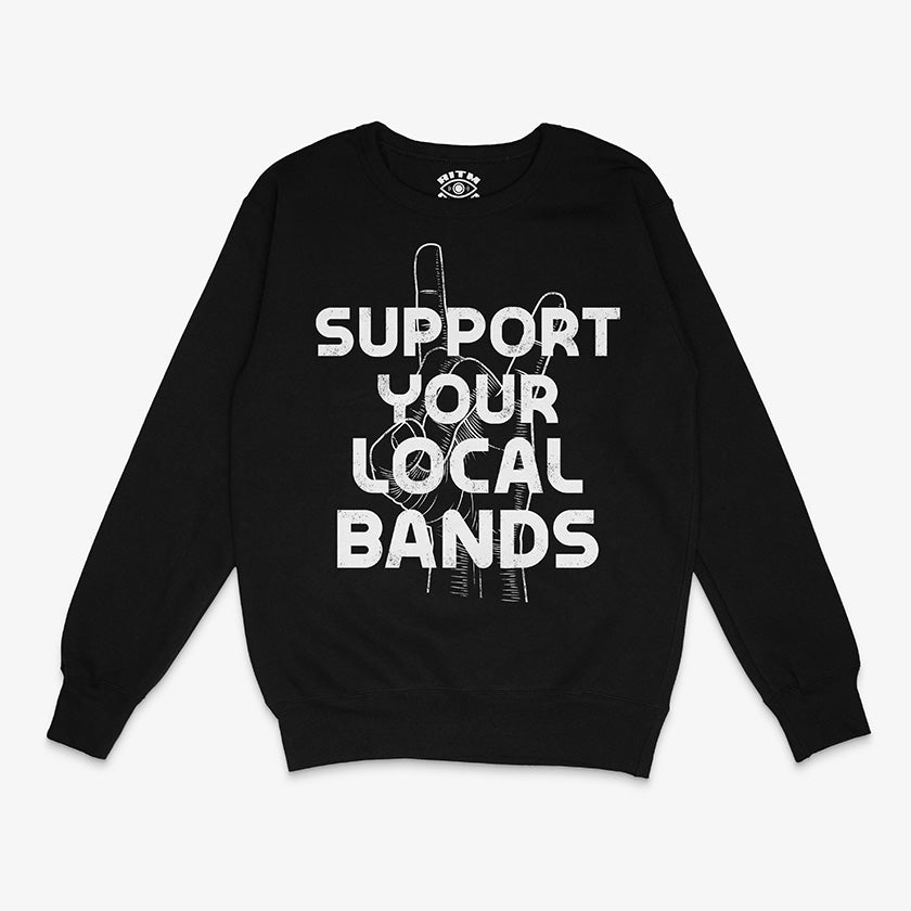 Polerón de cuello redondo de color negro. Diseño "Apoya Tus Bandas Locales" en blanco, con la mano haciendo cuernos de rock.