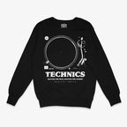 Polerón de cuello redondo de color negro. Diseño frontal con un dibujo técnico o blueprint de la tornamesa Technics
