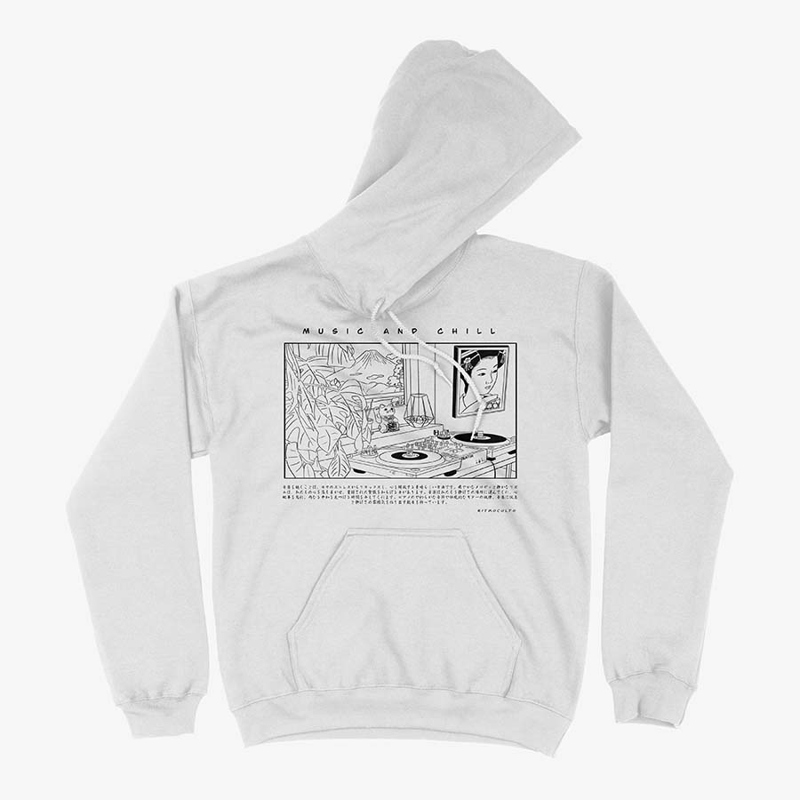 Polerón blanco hoodie (con capucha), blanco, diseño "Music And Chill" con tornamesas, vinilos y estética Lo-Fi