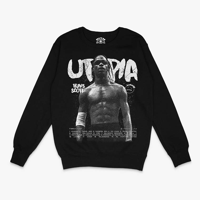Polerón negro Travis Scott Utopia tracklist completo 19 canciones pose estatua Cactus Jack Ritmoculto